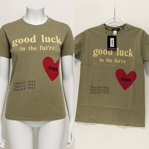 Taupe Good Luck Heart Print Washed T-Shirt
